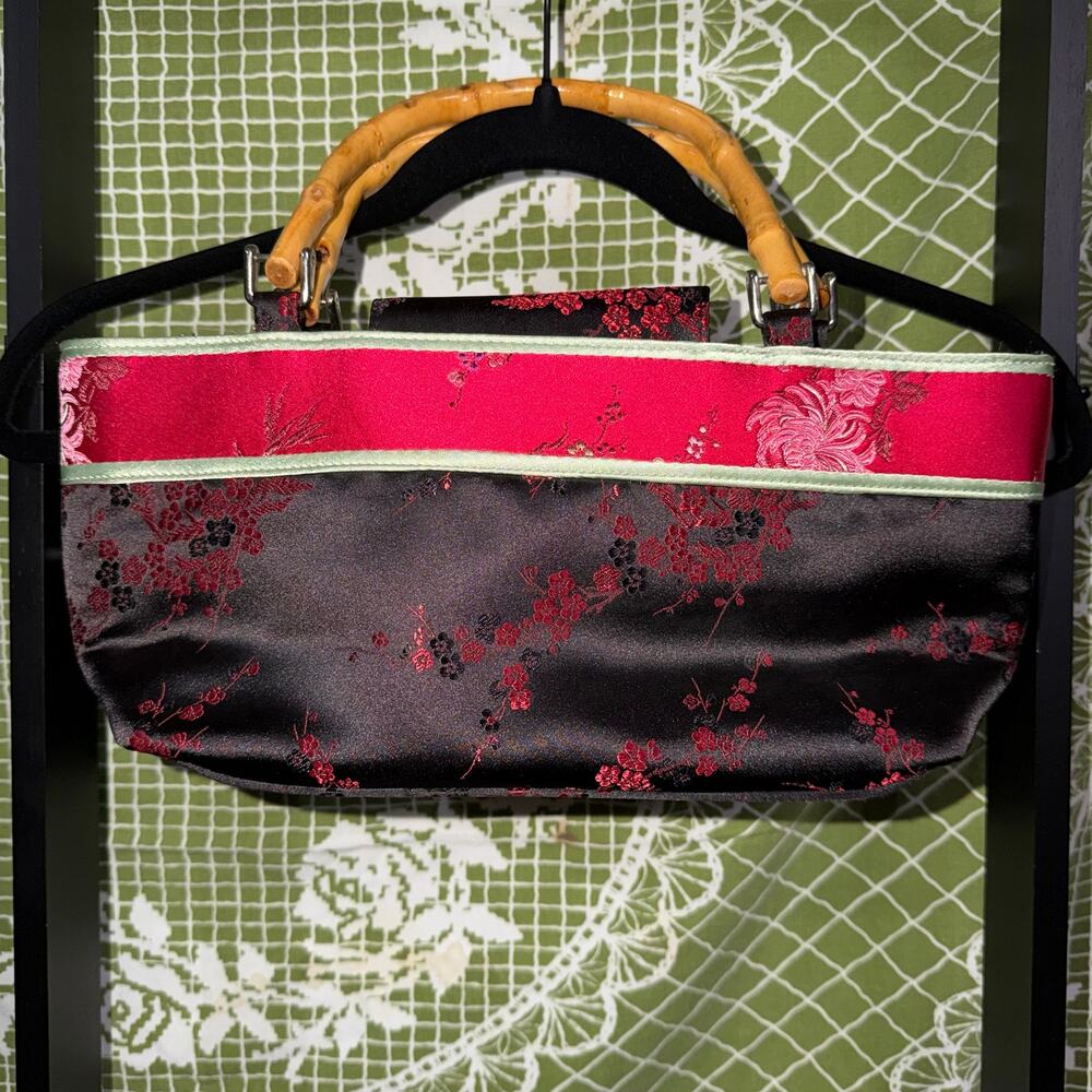 Vintage Y2K Chinese Silk Brocade Bamboo Handle Handbag - Red Cherry Blossom